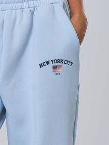 MUSERA 藍色「New York City」圖案印花鬆緊腰寬腿長褲，秋冬季酷女孩返校假期風格 - 藍色 - 查看 5