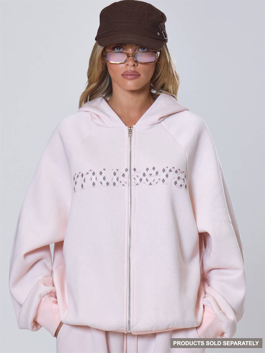 MUSERA Pink Graphic Text Drawstring Hood Zip Up Hoodie Top Fall Autumn Winter Coolgirl Back To School Holiday Fudge - Pink - View 1