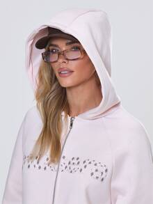 MUSERA Pink Graphic Text Drawstring Hood Zip Up Hoodie Top Fall Autumn Winter Coolgirl Back To School Holiday Fudge - Pink - View 5