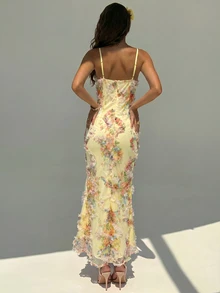 Aloruh Women's Spring/Summer New Solid Yellow Vacation Elegant Romantic Date 3D Embroidered Ruffle Neck Fitted Bodycon Fishtail Dress, Graduation - Light Yellow - View 2