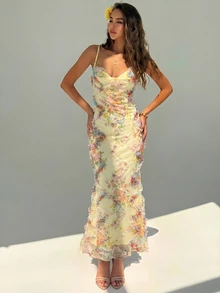 Aloruh Women's Spring/Summer New Solid Yellow Vacation Elegant Romantic Date 3D Embroidered Ruffle Neck Fitted Bodycon Fishtail Dress, Graduation - Light Yellow - View 3
