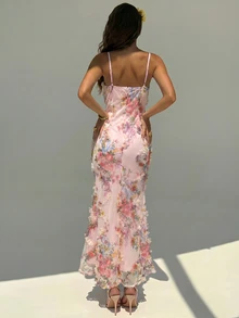 Aloruh Women's Spring/Summer Solid Light Pink Vacation Elegant Date Vacation 3D Embroidered Ruffle Bodycon Mermaid Dress,Graduation,Birthday Dress - Baby Pink - View 2