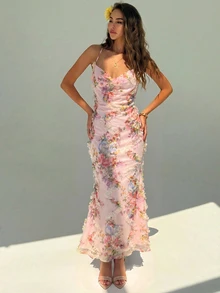 Aloruh Women's Spring/Summer Solid Light Pink Vacation Elegant Date Vacation 3D Embroidered Ruffle Bodycon Mermaid Dress,Graduation,Birthday Dress - Baby Pink - View 3