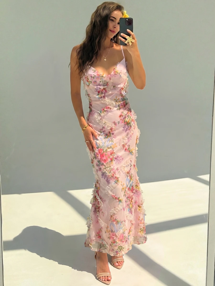 Aloruh Women's Spring/Summer Solid Light Pink Vacation Elegant Date Vacation 3D Embroidered Ruffle Bodycon Mermaid Dress,Graduation,Birthday Dress - Baby Pink - View 1
