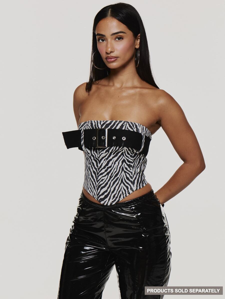 MUSERA Zebra Print Belt Detail Bandeau Top Autumn Fall Winter Coolgirl Rave Festival Halloween Ultra M - Black and White - View 1