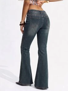 SHEIN Tall Women's Casual Washed Low Waist Flare Jeans - Fresh Green - View 5