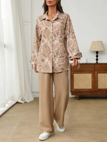 EMERY ROSE Women's Printed Contrast Color Button Shirt And Elastic Waist Long Pants 2 Pieces Set Fall Clothes For Women Winter Outfit For Women - Black - View 4