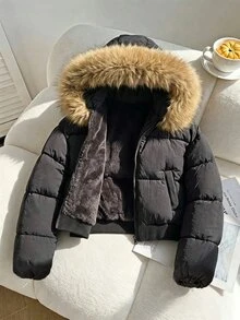SHEIN 青少年女孩外套 女孩冬裝外套 填充外套 連帽抓絨內裡 保暖舒適 - 黑色 - 查看 1