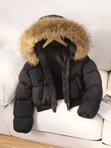 SHEIN 青少年女孩外套 女孩冬裝外套 填充外套 連帽抓絨內裡 保暖舒適 - 黑色 - 查看 3