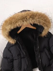 SHEIN 青少年女孩外套 女孩冬裝外套 填充外套 連帽抓絨內裡 保暖舒適 - 黑色 - 查看 8