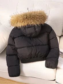 SHEIN 青少年女孩外套 女孩冬裝外套 填充外套 連帽抓絨內裡 保暖舒適 - 黑色 - 查看 4