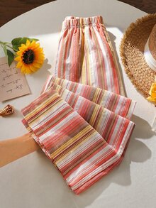 1 Random Pc Teen Girls High Waist Striped Straight-Leg Casual Pants For Teen Girl, Autumn, Back To School Beach, Fall Clothes - Multicolor - View 5