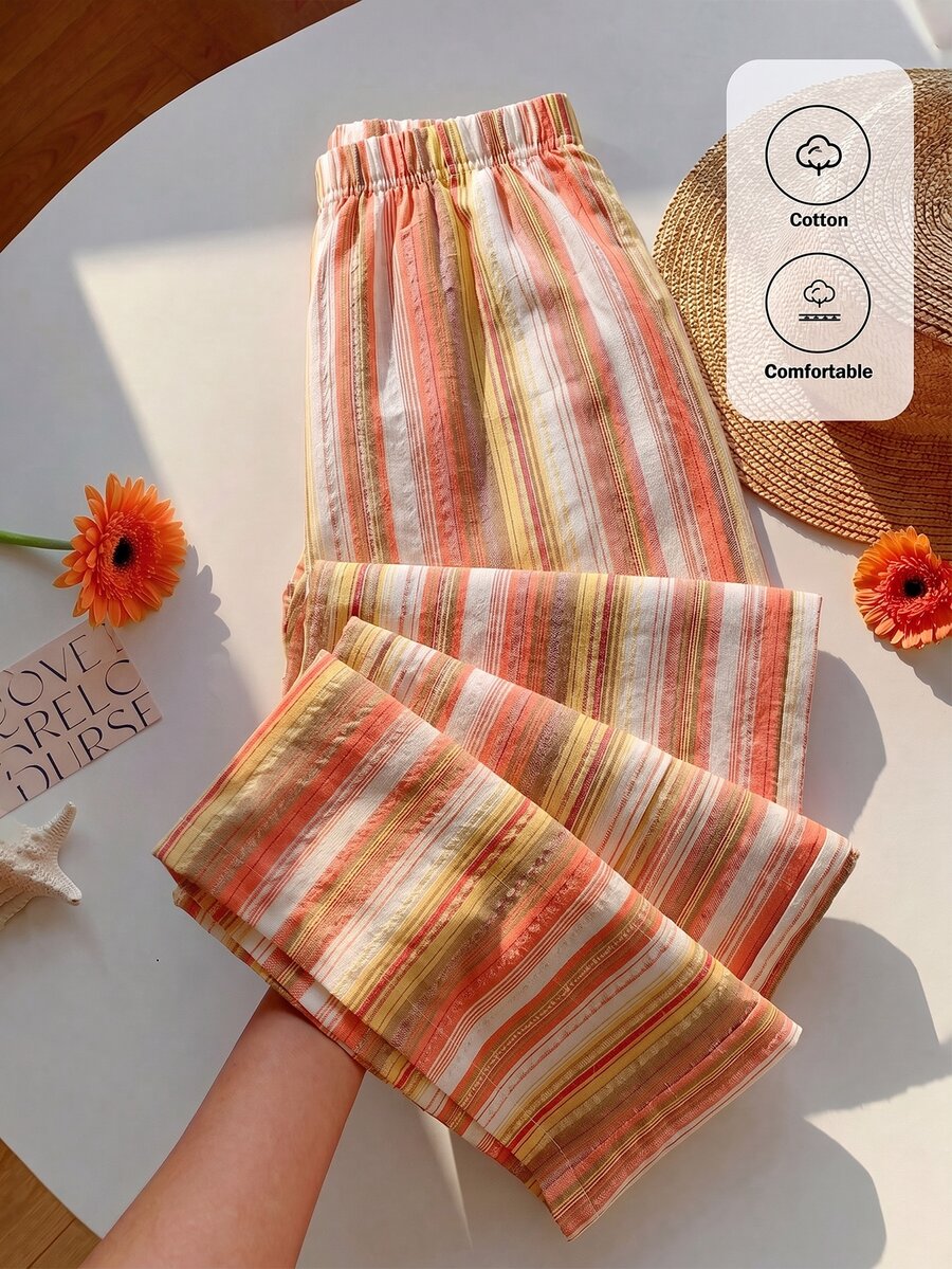 1 Random Pc Teen Girls High Waist Striped Straight-Leg Casual Pants For Teen Girl, Autumn, Back To School Beach, Fall Clothes - Multicolor - View 1
