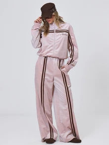 MUSERA Baby Pink Side Stripe Zip Up Cropped Track Jacket Top Fall Autumn Winter Coolgirl Back To School Holiday Fudge - Baby Pink - View 2