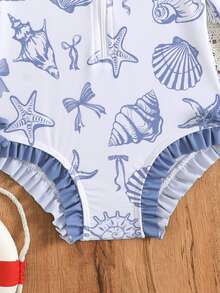 Baby Girls' Swimsuit,Holiday Blue Seashell Starfish Bow Pattern Long Sleeve One-Piece With Front Zipper,Ruffle Hem Design,Matching Sun Hat,Stretchy - Blue - View 6