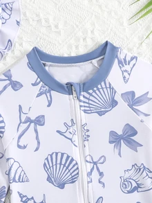 Baby Girls' Swimsuit,Holiday Blue Seashell Starfish Bow Pattern Long Sleeve One-Piece With Front Zipper,Ruffle Hem Design,Matching Sun Hat,Stretchy - Blue - View 5