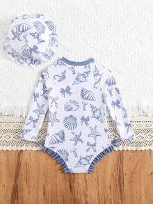 Baby Girls' Swimsuit,Holiday Blue Seashell Starfish Bow Pattern Long Sleeve One-Piece With Front Zipper,Ruffle Hem Design,Matching Sun Hat,Stretchy - Blue - View 3