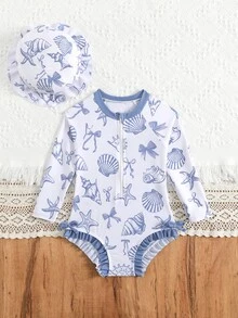 Baby Girls' Swimsuit,Holiday Blue Seashell Starfish Bow Pattern Long Sleeve One-Piece With Front Zipper,Ruffle Hem Design,Matching Sun Hat,Stretchy - Blue - View 4