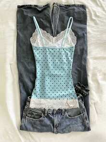 IslaSuriya Women's Lace Patchwork Polka Dot Print Fitted Camisole - Teal Blue - View 2
