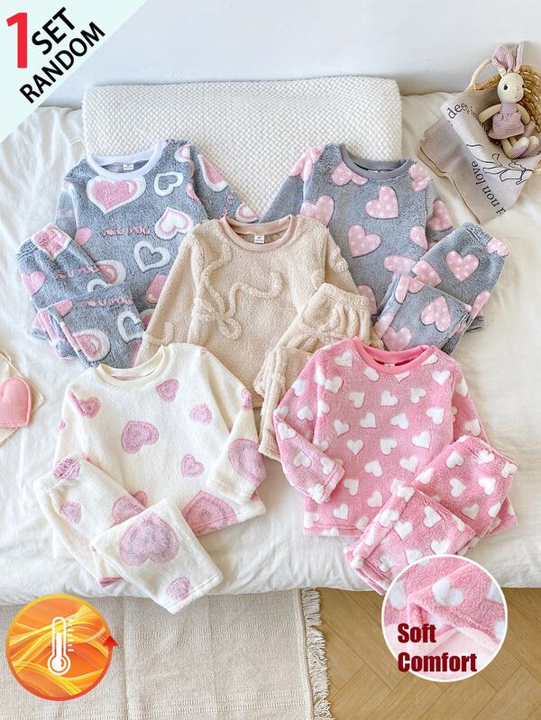SHEIN [5 Sets Enviados Aleatoriamente 1 Set]Pantalones de Manga Larga para Niñas Pequeñas Nueva Llegada Tela de Felpa Corazón Inglés Lazo 3D Estampado de Lunares Esponjoso Suave Otoño/Invierno