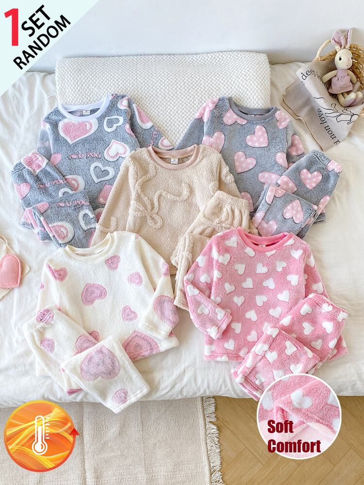 SHEIN [5 Sets Randomly Sent 1 Set]Girls Toddler Long Sleeve Pants New Arrival Plush Fabric English Heart Bow 3D Fluffy Polka Dot Print Soft Autumn/Winter - Multicolor - View 1