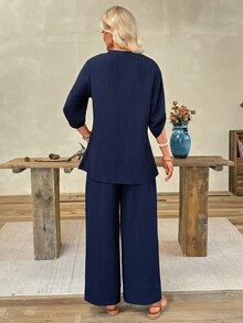 EMERY ROSE Women's Solid Color Notch V-Neck Rolled Sleeve Shirt And Pants Casual Two Pieces Set Vacation Navy Blue Summer - Navy Blue - View 2