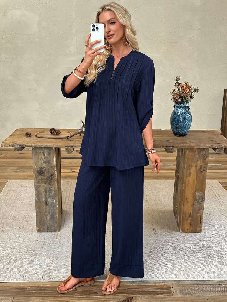EMERY ROSE Women's Solid Color Notch V-Neck Rolled Sleeve Shirt And Pants Casual Two Pieces Set Vacation Navy Blue Summer - Navy Blue - View 5