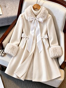 SHEIN 中大童學院風秋冬蝴蝶結收腰翻領優雅時尚夾克外套 - 米色 - 查看 5