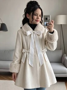 SHEIN 中大童學院風秋冬蝴蝶結收腰翻領優雅時尚夾克外套 - 米色 - 查看 4