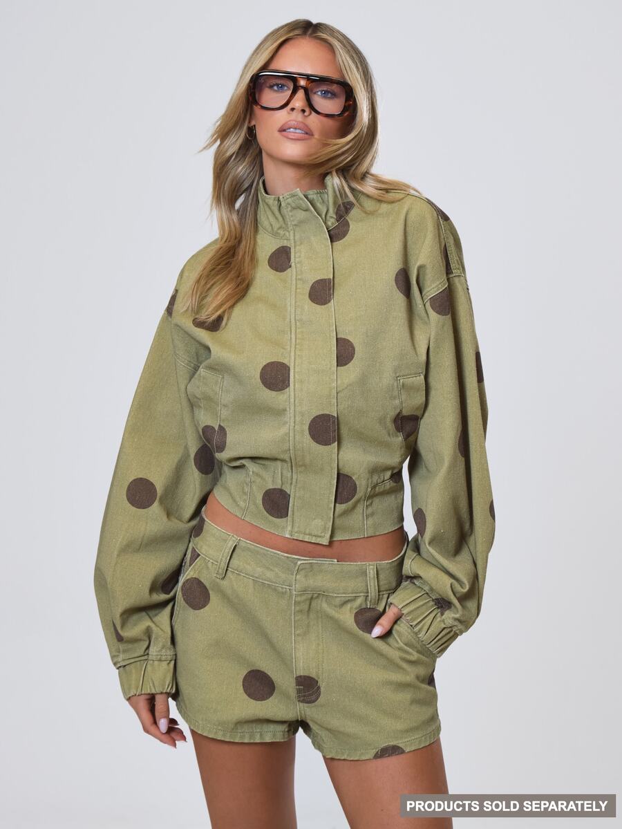 MUSERA Polka Dot Stand Collar Zip Up Cropped Jacket Fall Autumn Winter Coolgirl Back To School Holiday Fudge - Brown - View 1