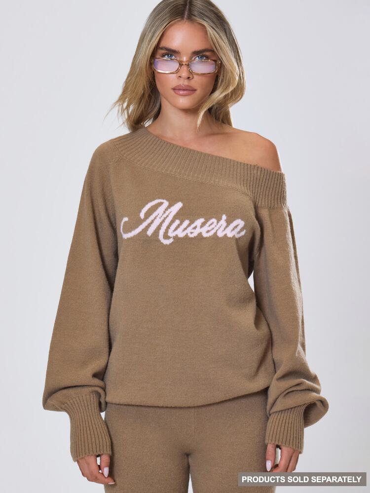 MUSERA Embroidered Graphic Off The Shoulder Long Sleeve Jumper Fall Autumn Winter Coolgirl Back To School Holiday Fudge - Green - View 1