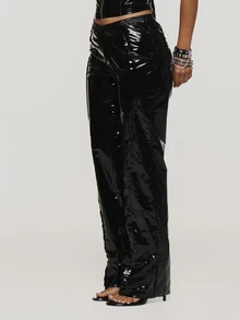 MUSERA Celana Panjang Model Flare Pinggang Rendah Bahan Vinyl Hitam untuk Musim Gugur/Musim Dingin, Gaya Keren untuk Pesta Rave, Festival Halloween, Ukuran Ultra M - Hitam - View 3