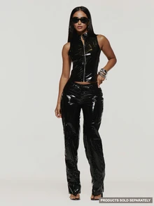 MUSERA Celana Panjang Model Flare Pinggang Rendah Bahan Vinyl Hitam untuk Musim Gugur/Musim Dingin, Gaya Keren untuk Pesta Rave, Festival Halloween, Ukuran Ultra M - Hitam - View 1