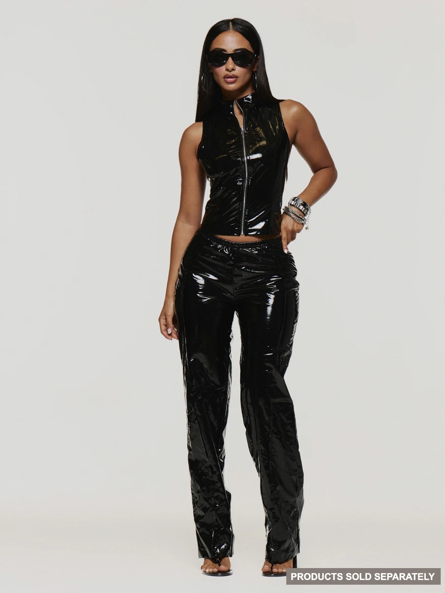 MUSERA Celana Panjang Model Flare Pinggang Rendah Bahan Vinyl Hitam untuk Musim Gugur/Musim Dingin, Gaya Keren untuk Pesta Rave, Festival Halloween, Ukuran Ultra M - Hitam - View 1