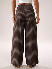 SHEIN PETITE Women's Casual Commute Striped Suit Pants - Coffee Brown - View 2
