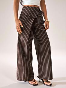 SHEIN PETITE Women's Casual Commute Striped Suit Pants - Coffee Brown - View 3