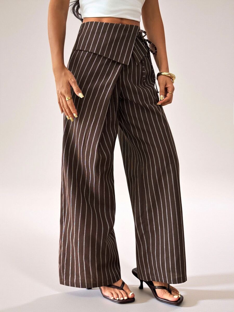 SHEIN PETITE Women's Casual Commute Striped Suit Pants - Coffee Brown - View 1