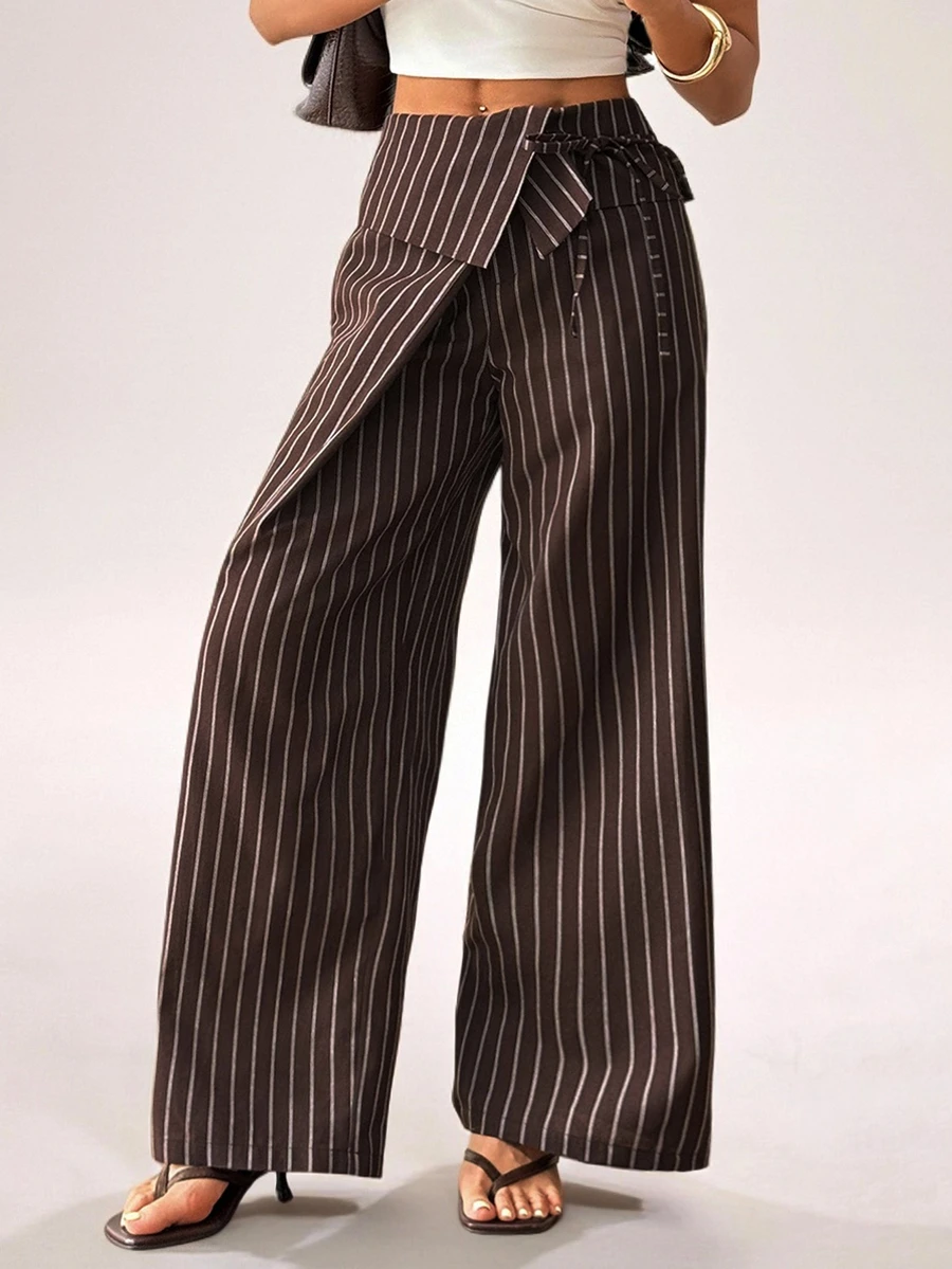 SHEIN PETITE Women's Casual Commute Striped Suit Pants - Coffee Brown - View 1