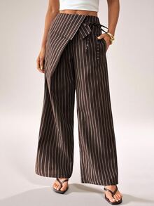 SHEIN PETITE Women's Casual Commute Striped Suit Pants - Coffee Brown - View 7