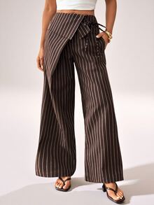 SHEIN PETITE Women's Casual Commute Striped Suit Pants - Coffee Brown - View 5