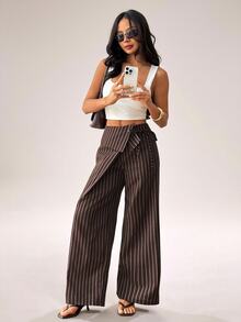 SHEIN PETITE Women's Casual Commute Striped Suit Pants - Coffee Brown - View 6