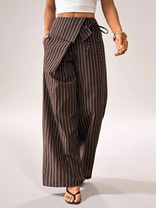 SHEIN PETITE Women's Casual Commute Striped Suit Pants - Coffee Brown - View 4