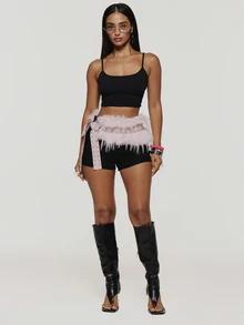 MUSERA Celana Pendek Mini dengan Detail Sabuk Bertabur Bulu Imitasi, Cocok untuk Musim Gugur dan Musim Dingin, Gaya Coolgirl, Rave, Festival, Halloween, Ukuran Ultra M - Hitam - View 5