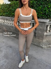 Fluxe 女款棕色格紋 2 合 1 背心與緊身褲套裝 運動休閒運動服 健身瑜珈跑步兩件式套裝 秋季運動服 - 咖啡棕 - 查看 8