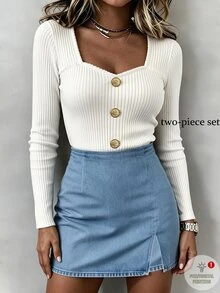 SHEIN Raffinéa Women's Button Design White T-Shirt And Skirt Pants 2 Pieces Set, Holiday Office, Festival Outfit - Blue and White - View 1