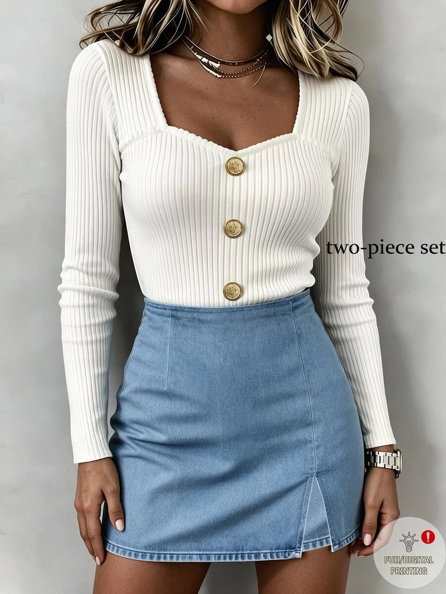 SHEIN Raffinéa Women's Button Design White T-Shirt And Skirt Pants 2 Pieces Set, Holiday Office, Festival Outfit - Blue and White - View 1