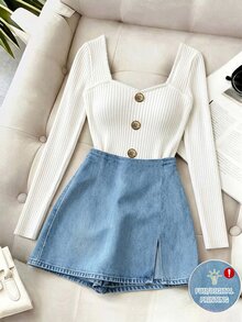 SHEIN Raffinéa Women's Button Design White T-Shirt And Skirt Pants 2 Pieces Set, Holiday Office, Festival Outfit - Blue and White - View 3