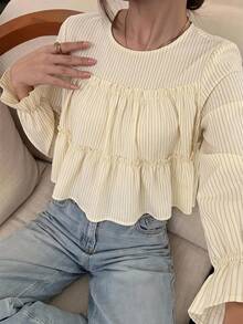 Serisse Women's Striped Round Neck Long Sleeve Frill Trim Doll Blouse - Apricot - View 1