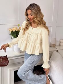 Serisse Women's Striped Round Neck Long Sleeve Frill Trim Doll Blouse - Apricot - View 6