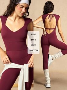 VARSIVA Women Solid Color Sleeveless Backless Fitted Sports Activewear Jumpsuit - Red - View 8